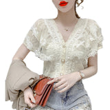 Gwmlk Lace Ruffle Stitching Blouse Women V-neck 2023 Summer New Short Sleeve Tops Crochet Mesh New Chiffon Shirt Blusas 14174