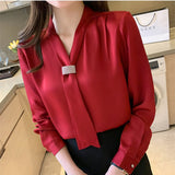 Gwmlk Women Shirts Chiffon Blouses for Women Long Sleeve Shirts Tops Woman Ribbon Blouse Tops Fashion Woman Bow Tie Shirt XXL