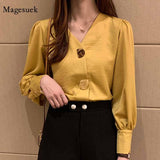 Gwmlk Lady Autumn Solid Women Blouses All-match Korean Tops V-neck Lantern Long Sleeve Clothes with Button Woman Shirt 10567