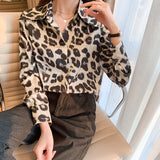 Gwmlk Women's Shirt Printed Leopard Blouses for Women Long Sleeve Top Women Polo Neck Button Up Clothing Female 2023 Shirt OL