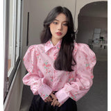 Gwmlk Floral Puff Sleeve Women Shirt Causal Turn-down Collar Short Blouses Spring Korean Elegant Blusas Femme 2023 New