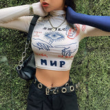 gwmlk fashion high street casual Tight stretch Slim crop tops women Funny print full sleeve stretch Slim tee shirt mujer