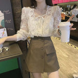 Gwmlk Lace Chiffon Blouse Women Sweet Puff Long Sleeve Lace-up Women's Shirt French Square Collar Flower Loose Top Blusas 17442