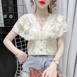 Gwmlk Lace Ruffle Stitching Blouse Women V-neck 2023 Summer New Short Sleeve Tops Crochet Mesh New Chiffon Shirt Blusas 14174