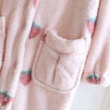 Gwmlk Flannel Robe Women Cute Kimono Bathrobe Gown Hooded Sleepwear 2023 New Coral Fleece Nightwear Print Strawberry Loungewear