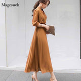 Gwmlk Spring Slim Waist Tie Ladies Pleated Single-breasted Dress Korean Style Chiffon Long Sleeve Pleated Dress for Women 12537