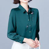 Gwmlk Women's Shirt Blouses for Women Solid Embroidered Long Sleeve Top Woman Polo Neck Clothing Female Button Up Basic Shirts