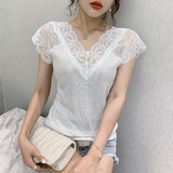 Gwmlk Summer Sexy Lace Women Blouse New V Neck Glitter Sequin Gauze Patchwork Tops Elegant Short Sleeve Slim Black T-shirt 14652