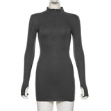 gwmlk winter stretch Slim Soft Ribbed Knitted turtleneck dress woman 2023 fashion solid black casual bodycon Zip dress