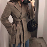 Gwmlk Women Wool Coat Fashion Winter Coat Women Clothing Short Basic Jacket Casual Belt Ladies Woolen Coats Manteau Femme