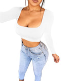 gwmlk Spring Crop Top Long Sleeve Women Black Sexy Shirt White Square Neck Casual Tee Top Mujer Ladies