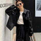 Gwmlk Cropped Leather Jacket Women Korean High Street Leather Blazers Women Vintage Streetwear Moto Bike Jacket Autumn 2023 New