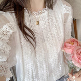 Gwmlk Summer Women Tops New Stand Collar Casual Beautiful Shirts Sweet White Lace Blouse Short Lantern Sleeve Shirt Clothes 14414