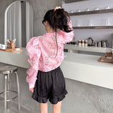 Gwmlk Floral Puff Sleeve Women Shirt Causal Turn-down Collar Short Blouses Spring Korean Elegant Blusas Femme 2023 New