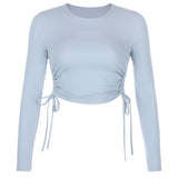 gwmlk O-Neck Long Sleeve Bodycon Cropped Tops Autumn 2023 Women Irregular Drawstring Bandage Knitted Solid T-Shirt