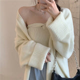 Gwmlk Pieces Sets Women Knitted Cardigan 2023 New Long Sleeve Knitwear Coat + Slim Basic One Word Collar Vest Autumn Sweater Suits