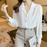 Gwmlk Autumn Women's Shirt Fashion Pleated Blouses for Women Solid Button Up Clothes Women V-neck Commute White Tops Basic Shirts