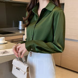 Gwmlk Fashion Silk Shirt Women Long Sleeve Shirts Women White Shirt Woman Silk Blouse Tops Casual Solid Basic Shirts Blouses