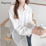 Gwmlk Ladies Cotton Linen Tops Korean Turn Down Collar White Coat Shirt Spring New Loose Long Sleeve Blouse Women Blusa 12807