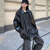 Gwmlk Black Leather Jacket Women Winter Long Women's Moto Biker Zipper Jacket Streetwear Harajuku Y2K Loose Women's Coat 2023