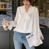 Gwmlk White Bow 2023 Sweet Chiffon Blouses Loose Tops Korean Flare Long Sleeve Shirts Women Autumn Female Ropa De Mujer 10604