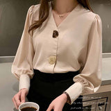 Gwmlk Lady Autumn Solid Women Blouses All-match Korean Tops V-neck Lantern Long Sleeve Clothes with Button Woman Shirt 10567