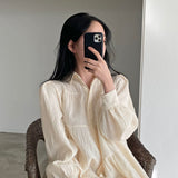 Gwmlk Sleeve Dress Women Ins Spring Lovely Solid A-line Ruffles Korean Apricot Fashion Retro Turn-down Collar Clothes