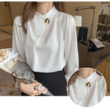 Gwmlk Women's Shirts Solid Satin Blouses for Women Chain Asymmetric Blouse Women Long Sleeve Top White O-neck Female 2023 Basic Shirt