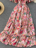 gwmlk Women Floral Printed Long Dress Sexy V-Neck Short Sleeve High Waist Ruffle Beach Vacation Vestidos Female Maxi Robe New