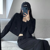 Gwmlk Women's Cropped Blazers Coat Vintage Black Notched Collar Office Lady Suit Jacket Korean Casual Long Sleeve Blazer