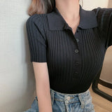 Gwmlk Turndown Collar Women Sweater T-Shirts Summer Ribbed Thin Knitted Tees Tops Woman Korean Button Up Cropped Pullover