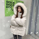 Gwmlk Short Hooded Down Cotton Parkas Women 2023 Winter New Thick Warm Padded Jacket Ladies Korean Fur Collar Snow Wear Coat