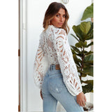 Gwmlk Long Sleeve Lace Blouse Women Tops Casual White Crochet Hollow Out Cropped Women's Shirt Turtleneck Female Blusas 16296