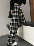 gwmlk and White Plaid pants New Women Casual Loose Wide Leg Trousers Ins Retro Teen Straight Trousers Hiphop Streetwear