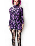 Gwmlk Goth Aesthetic Elegant High Necked Long Sleeved Bat Skull Print Dress Sexy Slim Mini Dress Fairy Grunge Halloween