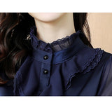 Gwmlk Lace Chiffon Women Blouse 2023 OL Youth Women Shirts Fashion Long Sleeve Top Dark Blue Button Female Clothing 20389