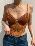 gwmlk Floral y2k Camis Brown Crop Top Lace Frill Cute Corset Top Spaghetti Strap Sweats Harajuku Tee Top Women Beach Vests