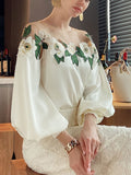 Gwmlk Embroidered Flower Blouse Woman Mesh Patchwork Spring Satin Shirt Lady O-neck Tops Long Sleeve Women's Clothes 24976