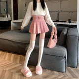 Gwmlk Korean Fashion with Belt Pleated Skirts Women All-Match Pink High Waist Mini Skirts 2023 New Street Plaid Skirts Woman