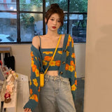 Gwmlk Women's Cropped Sweater Cardigan Sweet Floral Print Tank Tops and Cardigan 2 Pces Set Female Autumn Winter Knitted Sweaters 2023