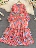 gwmlk Vintage Floral Chiffon Long Dress Elegant O-Neck Puff Sleeve High Waist A-Line Ruffle Hem Vacation Beach Maxi Vestidos