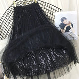 Gwmlk Fashion Sequined Pleated Skirts Women Spring Summer Tulle A-line Long Skirt Female Elegant Chic High Waist Midi Skirts