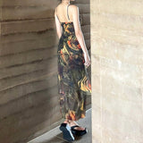 gwmlk Y2K Printed Midi Dress Vintage French Spaghetti Strap Sundress Women Bohemian Party Beach Long Dress Sexy Grunge 90s