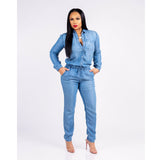 Gwmlk Women Drawstring Lace Up Denim Jumpsuit Fashion Autumn Dark Blue Lapel Sleeve Button Romper Female Pencil Pants Jeans Jacket