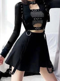 Gwmlk Goth Sexy Hollow Out Crop Top Long Sleeve Aesthetic Tees Y2K Punk Grunge Black T Shirts Women Streetwear Top