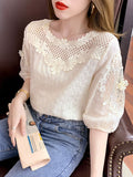 Gwmlk Hollow Women Tops Summer French Style Sweet Blouse 2023 New Fashion Half Sleeve Clothes Apricot Lace Shirt Blusas 21217