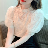 Gwmlk Blouse Women Sweet Stand Collar Elegant Korean Shirt Summer Puff Short Sleeve Tops Flower Crochet Ladies Blusas Mujer 27168