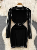 gwmlk Winter Women Black Rivet Bodycon Dress Vintage Stand Collar Long Sleeve Slim Retro Mini Vestidos Female Sheath Robe New