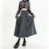 Gwmlk College Style Women Pleated Skirt 2023 Spring Summer High Waist Long Skirts Woman Korean Style Gray A-Line Midi Skirt