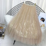 Gwmlk Fashion Sequined Pleated Skirts Women Spring Summer Tulle A-line Long Skirt Female Elegant Chic High Waist Midi Skirts